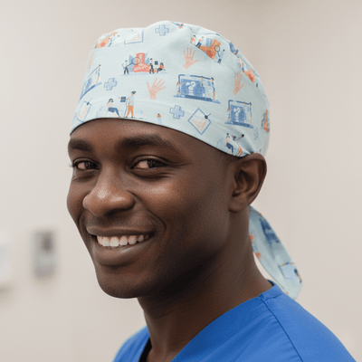 Pale blue scrub cap with medical illustrations pattern featuring x-rays and healthcare scenes