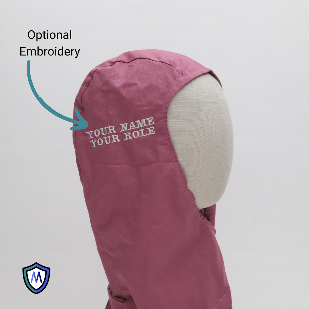 A mannequin displays a pink Medicus Scrub Caps Orthopaedic Surgical Hood with optional embroidered text, emphasizing customizability. A blue and white shield logo appears below.