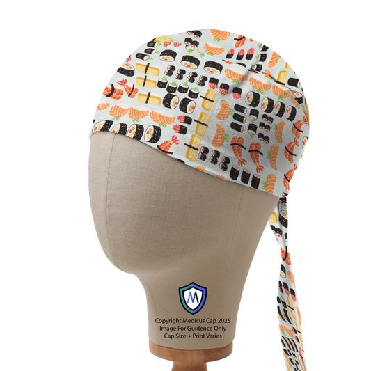 Gorro quirúrgico con menú de comida y sushi