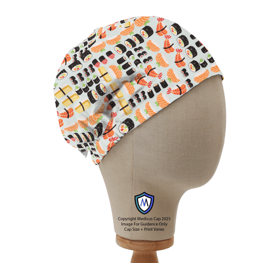 Gorro quirúrgico con menú de comida y sushi