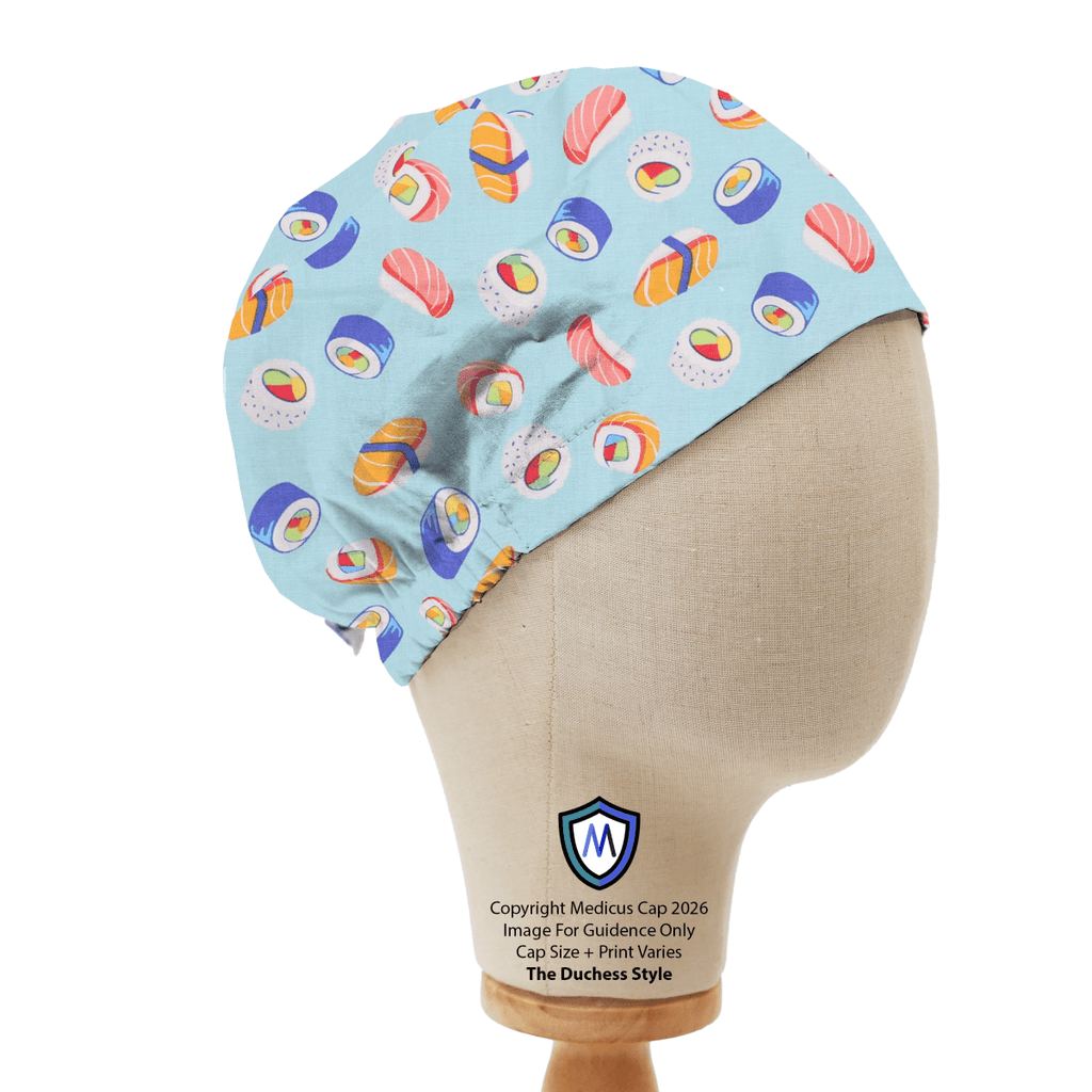 Gorro quirúrgico con diseño de comida kawaii y sushi