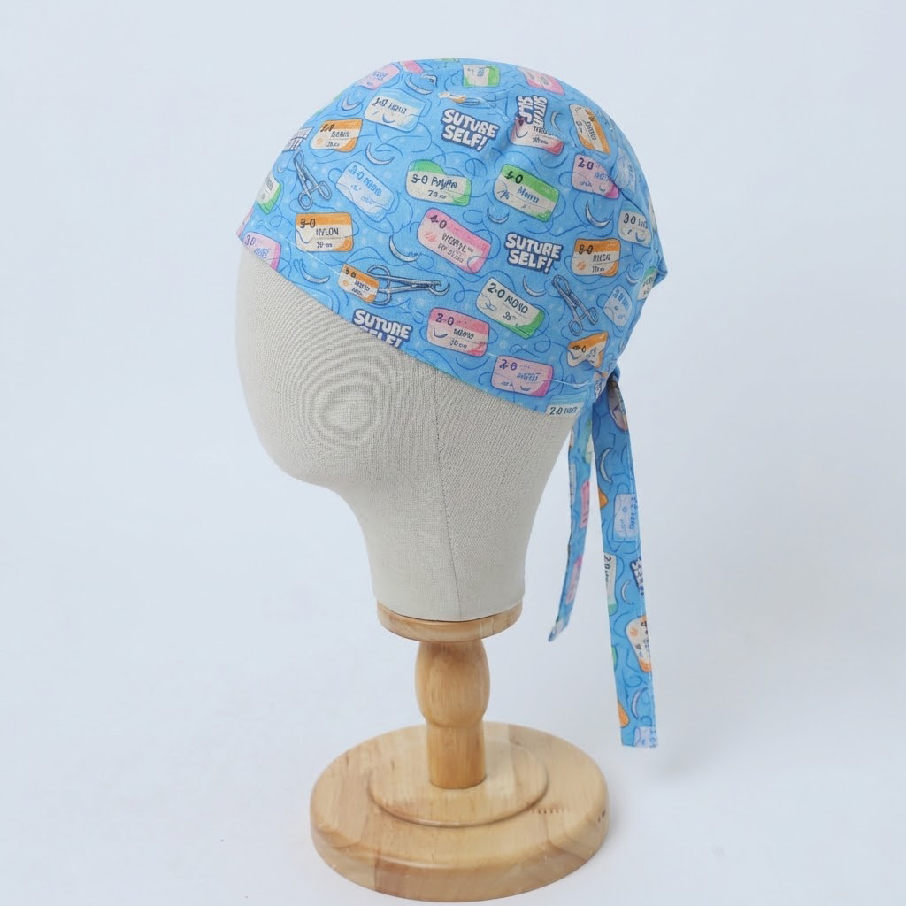 Blue scrub cap with colorful medical suture packet pattern shown on mannequin head, side profile view