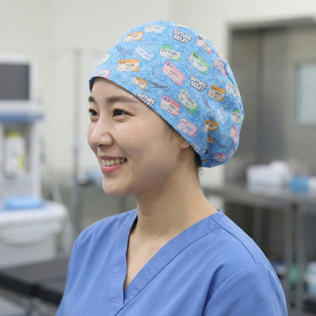 Sky blue scrub cap with colourful cartoon bandage pattern and elastic band