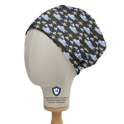Anaesthetist Sweet Dreams Made Of These Scrub Cap from Medicus Scrub Caps, featuring a dreamy anaesthesia-themed pattern on a dark background.