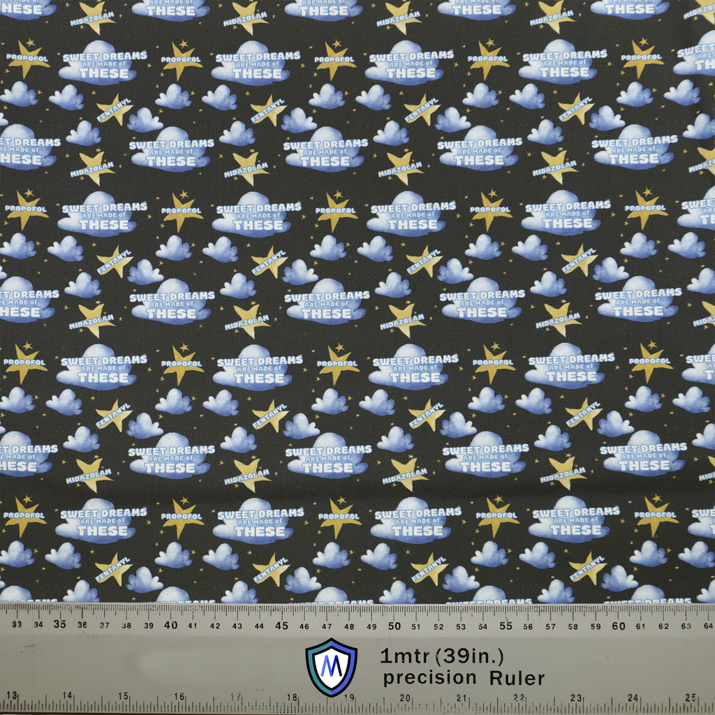 Anaesthetist Sweet Dreams Made Of These Scrub Cap from Medicus Scrub Caps, featuring clouds, stars, and anesthetic drug names on a dark background.