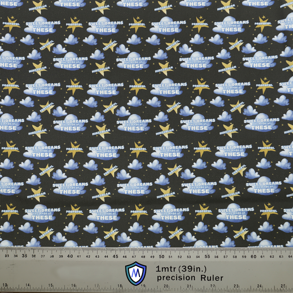 Anaesthetist Sweet Dreams Made Of These Scrub Cap from Medicus Scrub Caps, featuring clouds, stars, and anesthetic drug names on a dark background.