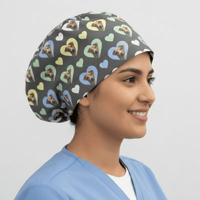 Sweetheart Jack Russell Dogs Hearts scrub cap shown on model
