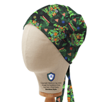 TMNT Pizza Party scrub cap side profile showing colorful turtle characters on dark background with tie detail