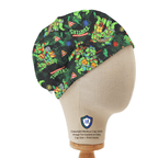 Black scrub cap with colorful TMNT characters and pizza slice pattern shown on mannequin head