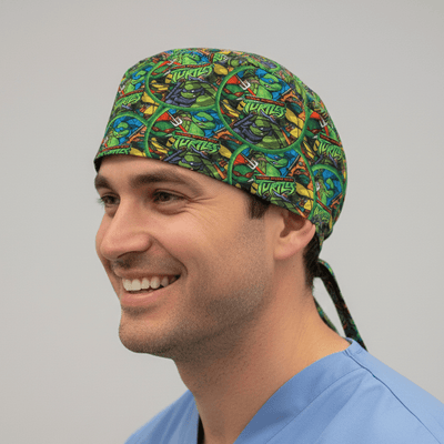 Green TMNT Ninja Turtles cartoon pattern scrub cap with character prints