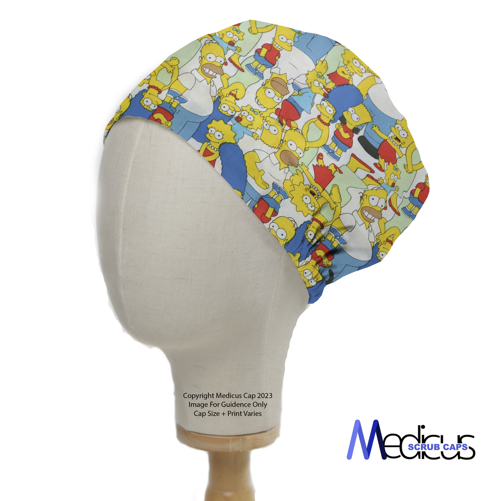 A mannequin head wears the TV Cartoon The Simpsons Family Mashup Crowd Scrub Cap by Medicus Scrub Caps, featuring vibrant yellow characters with blue and red accents.