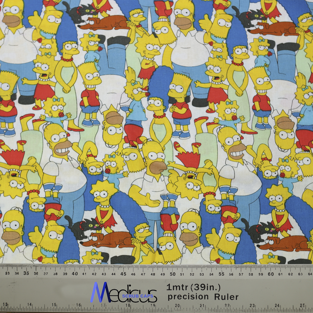 The Medicus Scrub Caps TV Cartoon The Simpsons Family Mashup Crowd features eco-friendly fabric with vibrant yellow characters on a blue background, including a 1-meter precision ruler for scale.