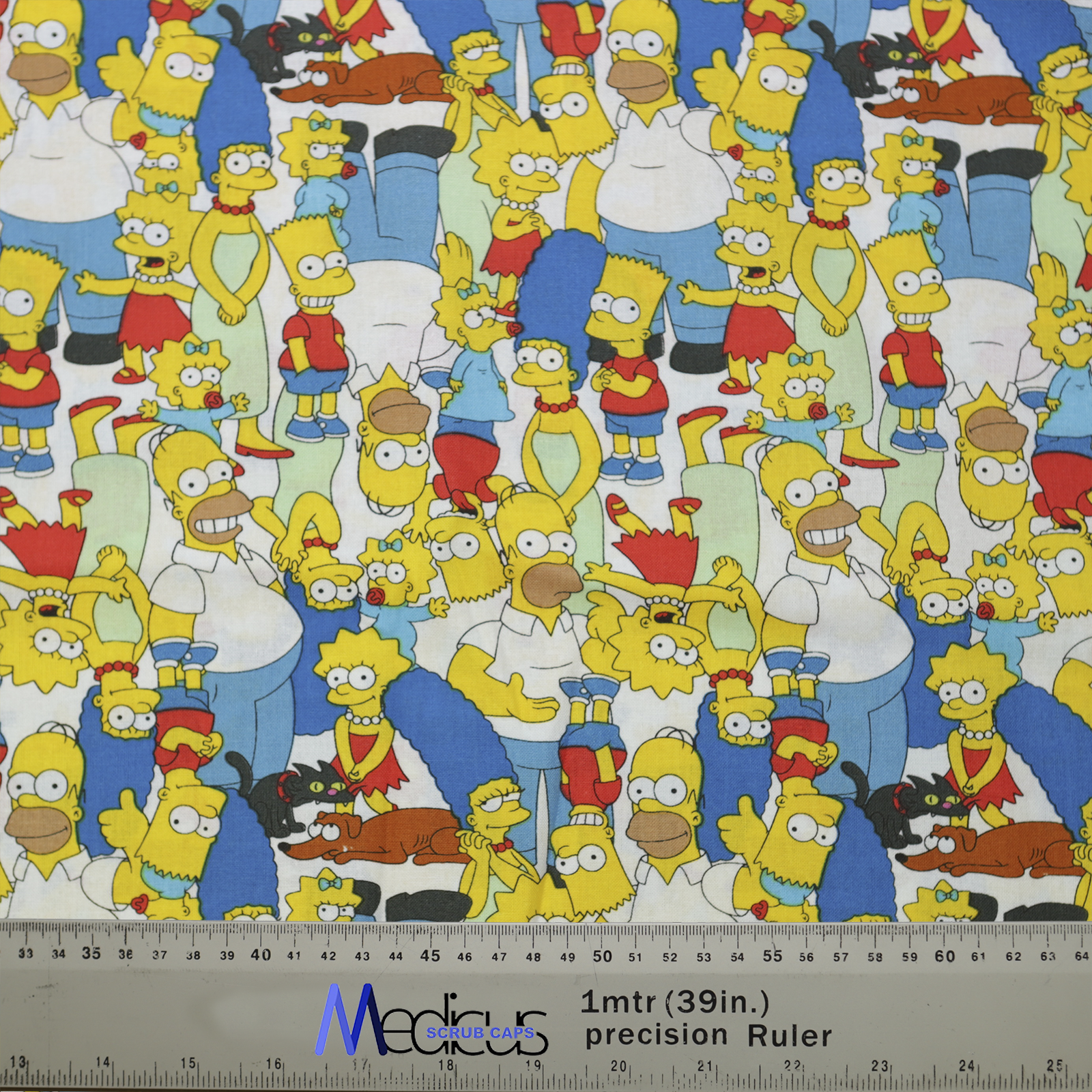The Medicus Scrub Caps TV Cartoon The Simpsons Family Mashup Crowd features eco-friendly fabric with vibrant yellow characters on a blue background, including a 1-meter precision ruler for scale.