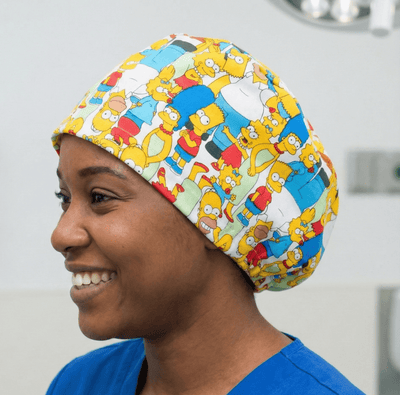 TV Cartoon The Simpsons Family Mashup Crowd scrub cap shown on model