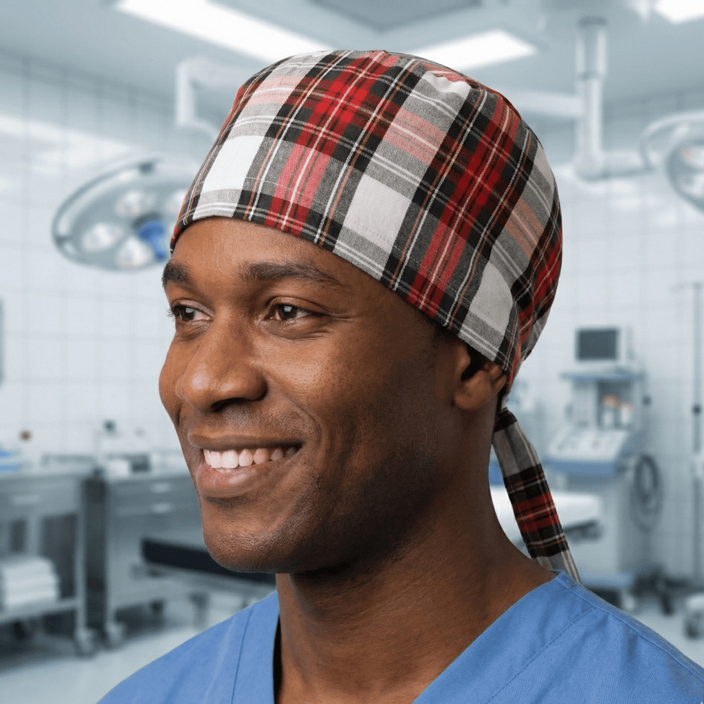 Red white black tartan plaid pattern cotton scrub cap with tie-back closure