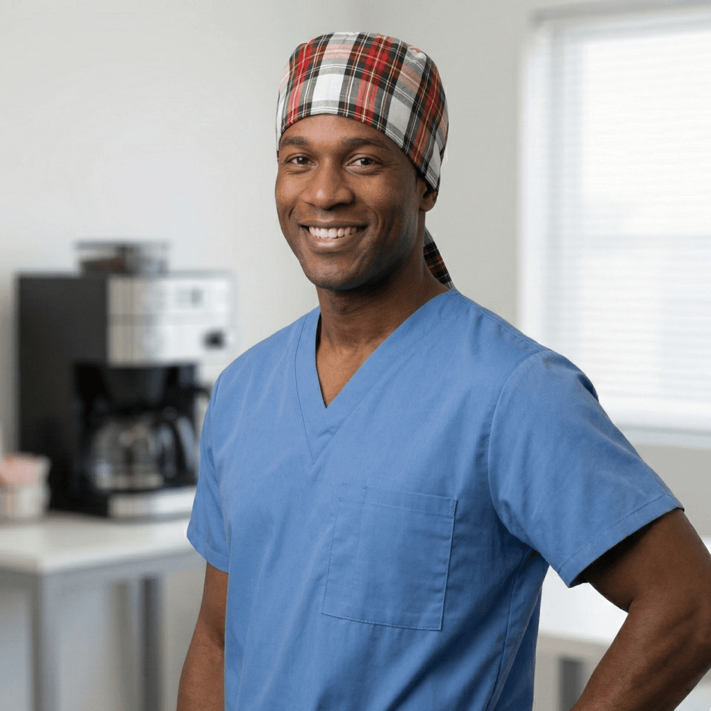 Healthcare professional wearing tartan red white scrub cap showing front view and fit