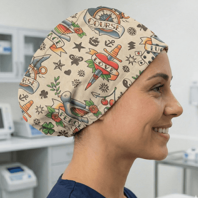Colourful tattoo flash pattern scrub cap with lucky symbols and banner designs