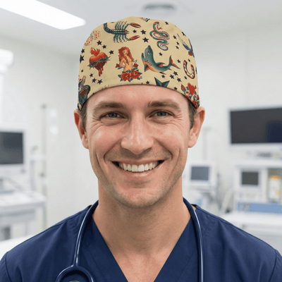 Vintage tattoo print scrub cap with pirates, anchors and nautical designs on cream background