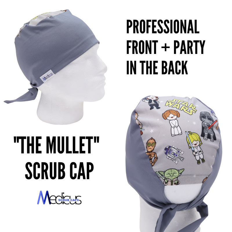 Side and back views of "The Mullet" scrub cap by Medicus Scrub Caps, featuring a plain front and a colorful Star Wars-themed back panel.