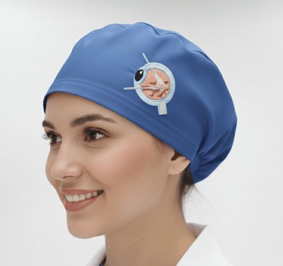 Embroidery - The Eye Surgery scrub cap shown on model