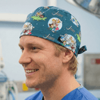 Teal blue Jetsons cartoon character print scrub cap with space family design