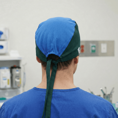 "The Mullet" scrub cap shown on model