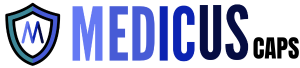 Logo featuring a shield with a stylized blue M and W on the left, and the text MEDICUS CAPS in bold letters on the right. The shield is outlined in black with gradient shades of blue and green on the inside.