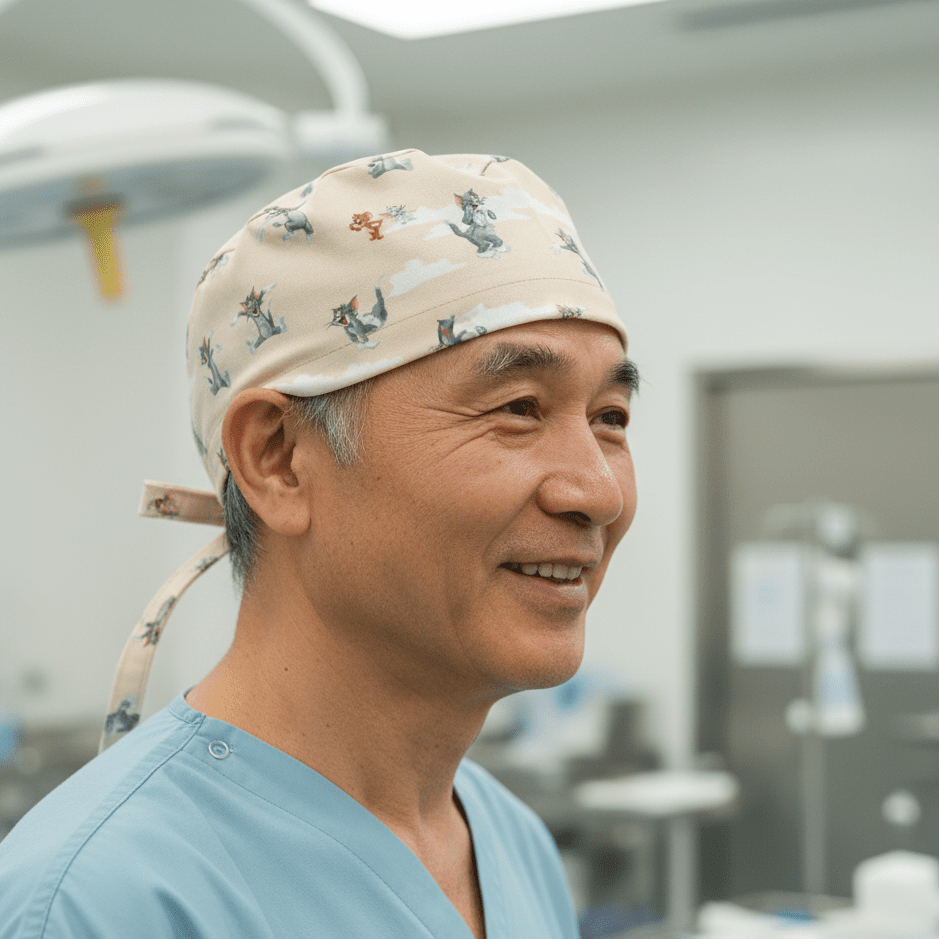 Tom and Jerry cartoon characters on beige background tie-back scrub cap