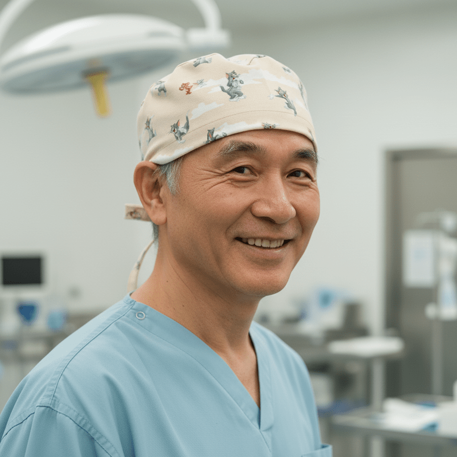 Tom And Jerry Clouds Beige scrub cap worn by smiling medical professional in operating room