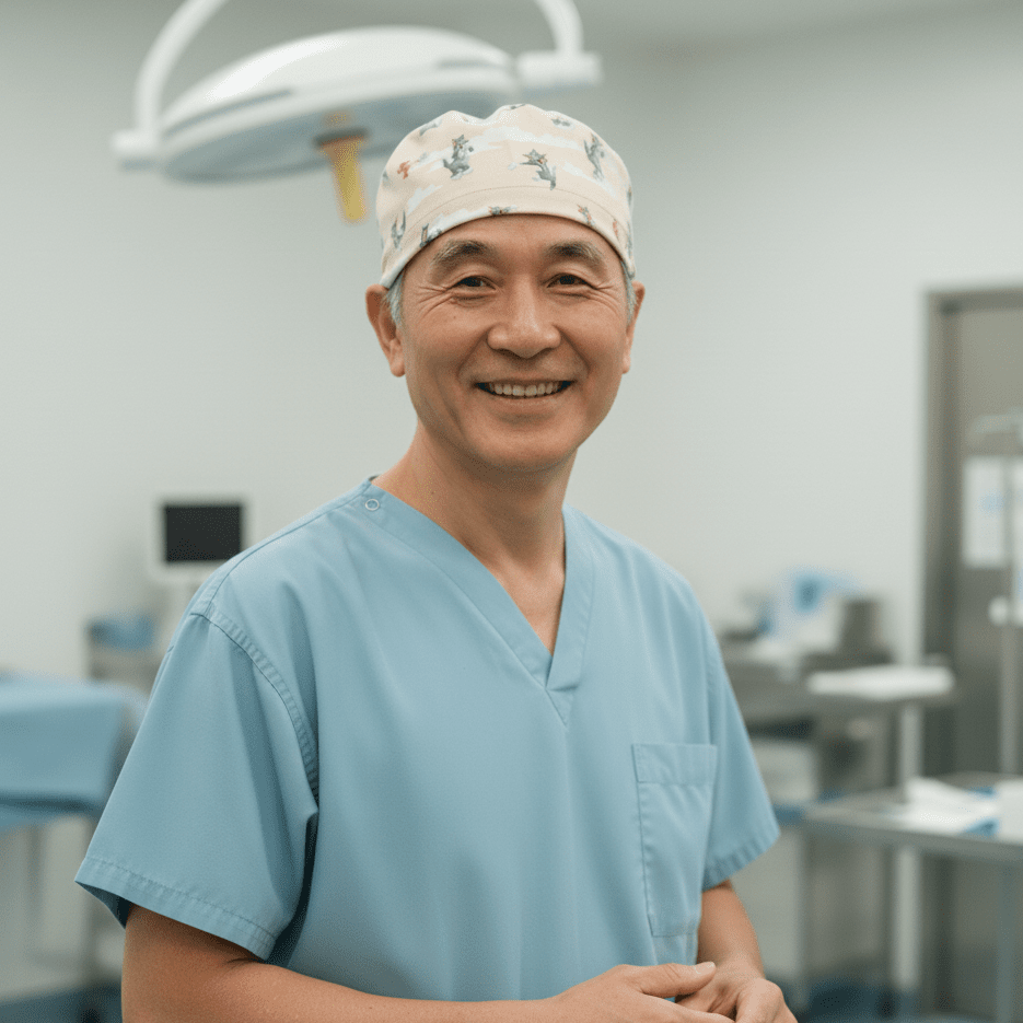 Medical professional wearing beige Tom and Jerry clouds scrub cap in hospital operating room