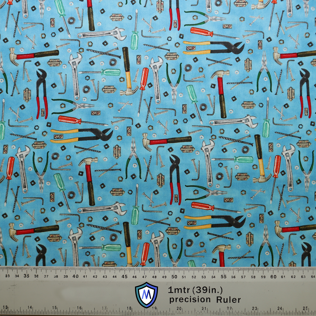 Tools Wrench Hammer On Lighter Blue Scrub Cap from Medicus Scrub Caps, featuring a pattern of assorted hand tools on a vibrant blue background.