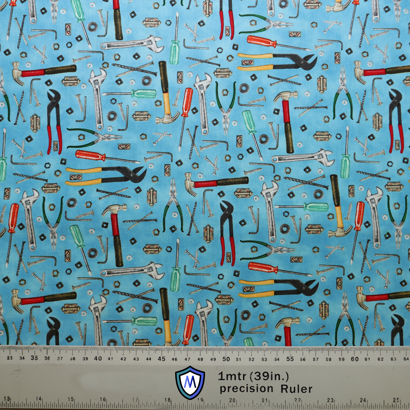 Tools Wrench Hammer On Lighter Blue Scrub Cap from Medicus Scrub Caps, featuring a pattern of assorted hand tools on a vibrant blue background.