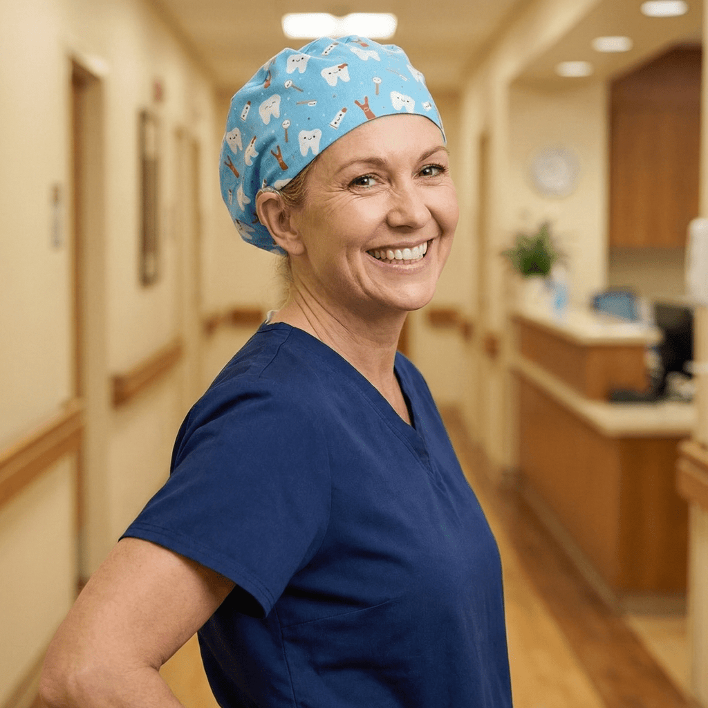 Healthcare worker wearing blue scrub cap with white tooth and toothbrush pattern, side profile view
