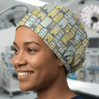 Colourful townhouse building pattern scrub cap with yellow blue grey houses design