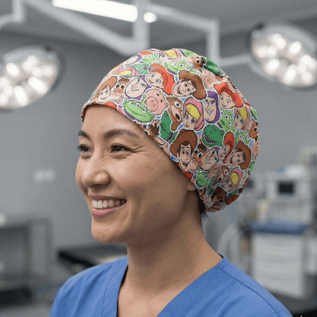 Colourful Toy Story character faces cartoon print scrub cap with bright multicoloured design