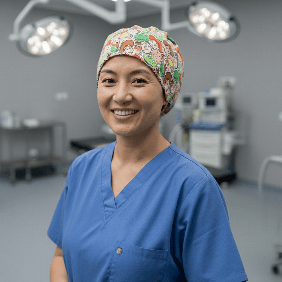Healthcare worker wearing colorful Toy Story character faces scrub cap in operating room setting
