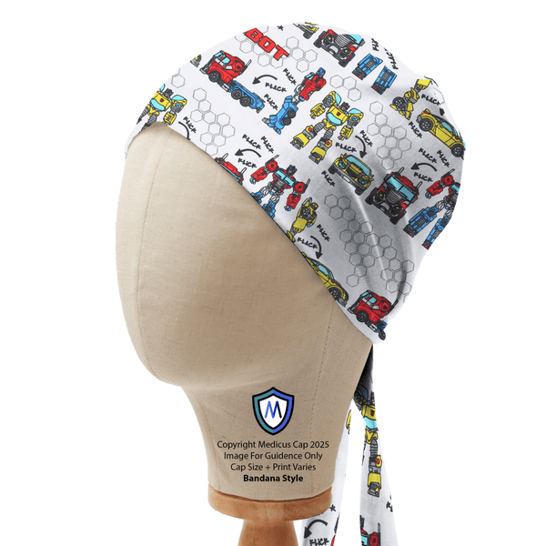 Bandana style scrub cap featuring Transformers Autobot builder vehicles pattern on white background, shown on mannequin side view.