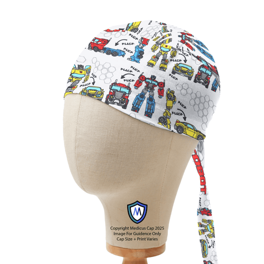 Captain style scrub cap featuring Transformers Autobot building vehicles pattern on white background, shown on mannequin side view.