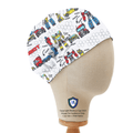 Elastic-backed scrub cap featuring Transformers Autobot builder vehicles pattern on white background, shown on mannequin side view.