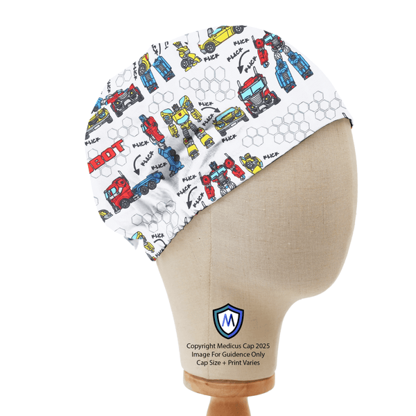 Elastic-backed scrub cap featuring Transformers Autobot builder vehicles pattern on white background, shown on mannequin side view.