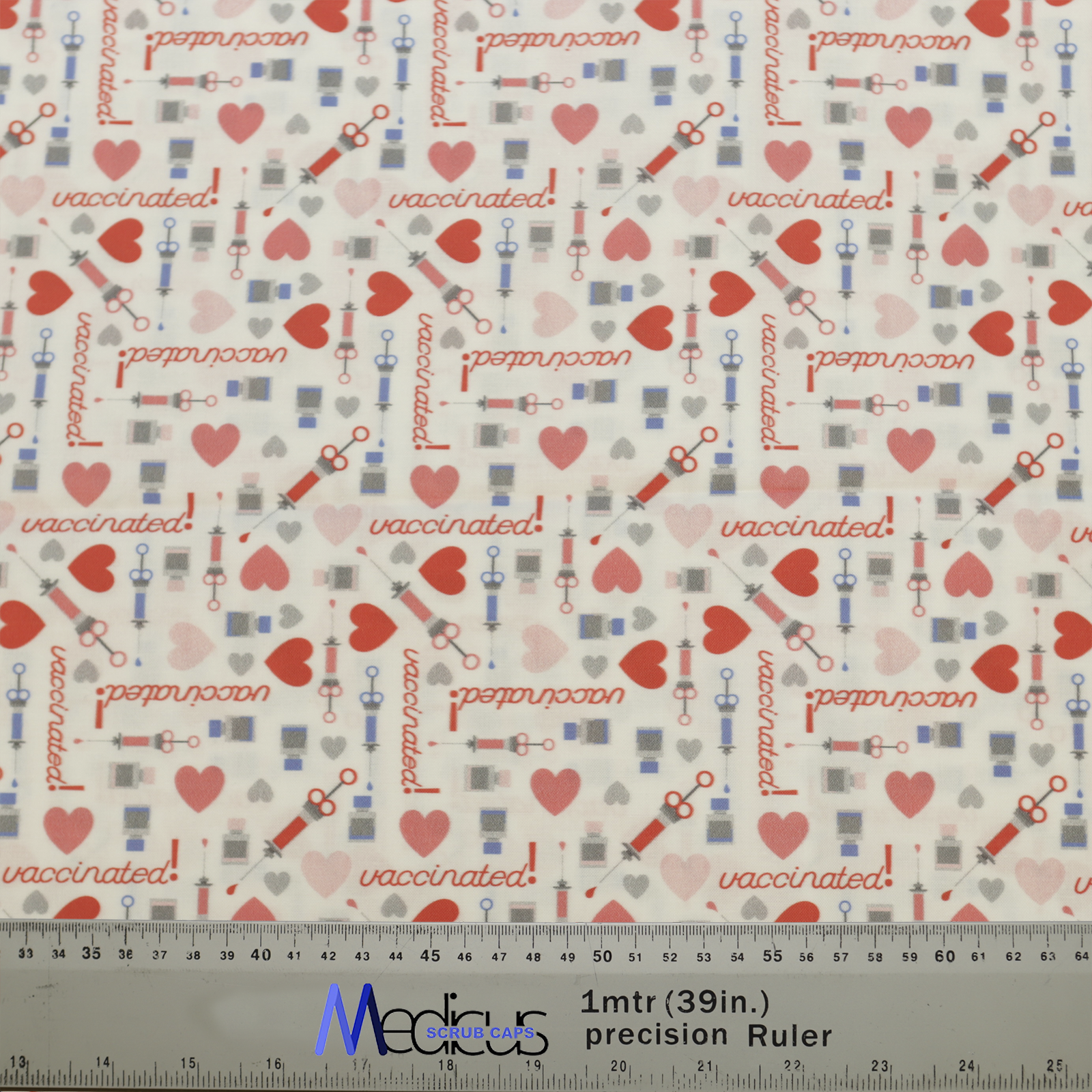 Covid Vaccine Love Scrub Cap from Medicus Scrub Caps, featuring a pattern of syringes, hearts, and "vaccinated" text on a white background.