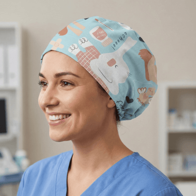 Light blue veterinary scrub cap with cute animal print including llamas and hedgehogs