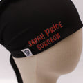 Black Medicus Scrub Cap with red vinyl name customization, displayed on a mannequin. Features a small Medicus logo tag. @scrub-caps-with-vinyl-stickers