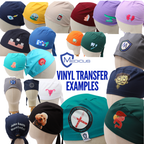 Examples of vinyl transfer scrub caps with full-colour logos, characters and organ designs