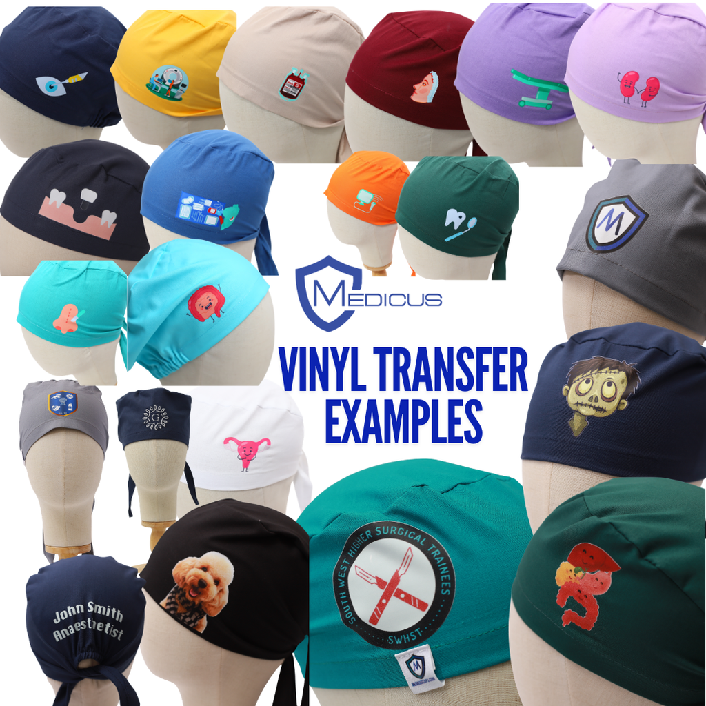 Examples of vinyl transfer scrub caps with full-colour logos, characters and organ designs