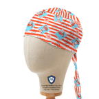 Captain style scrub cap with red-and-white and aqua stripes plus Where's Waldo illustrations, shown on mannequin side view.