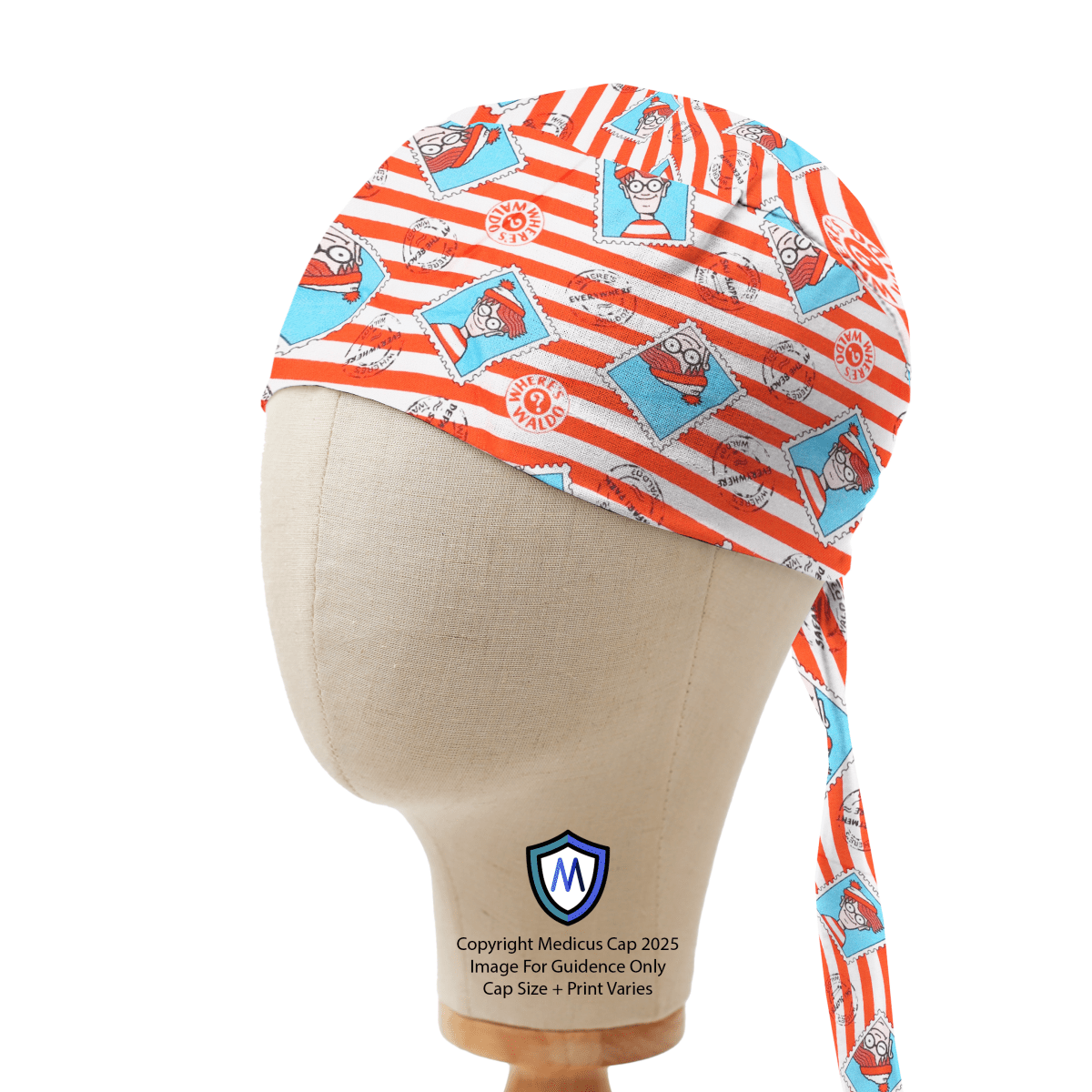 Captain style scrub cap with red-and-white and aqua stripes plus Where's Waldo illustrations, shown on mannequin side view.