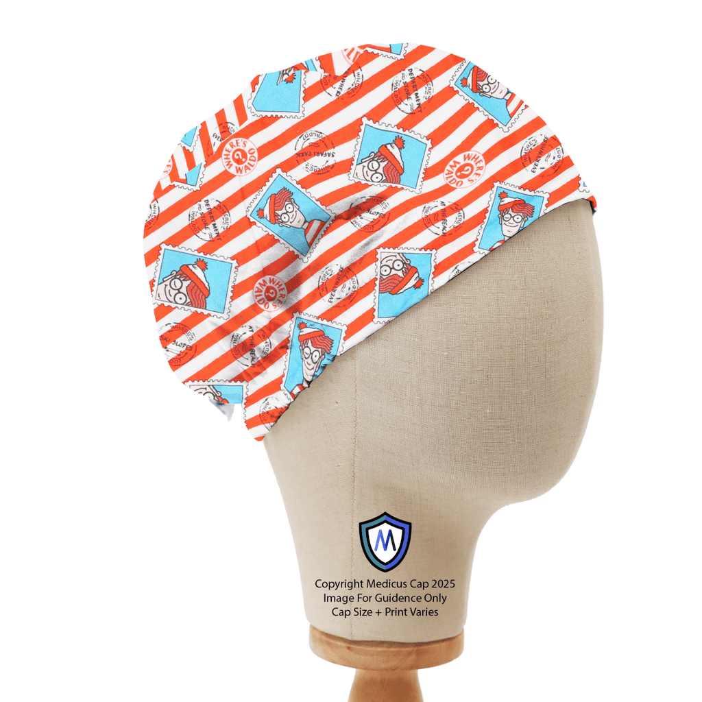 Elastic-backed scrub cap featuring red-and-white stripes and blue squares with Where's Waldo illustrations, shown on mannequin side view.