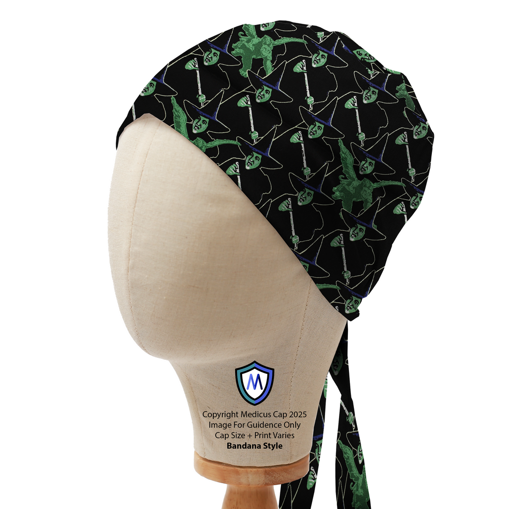 Medicus Scrub Cap in bandana style with a witch-themed pattern, displayed on a mannequin head.
