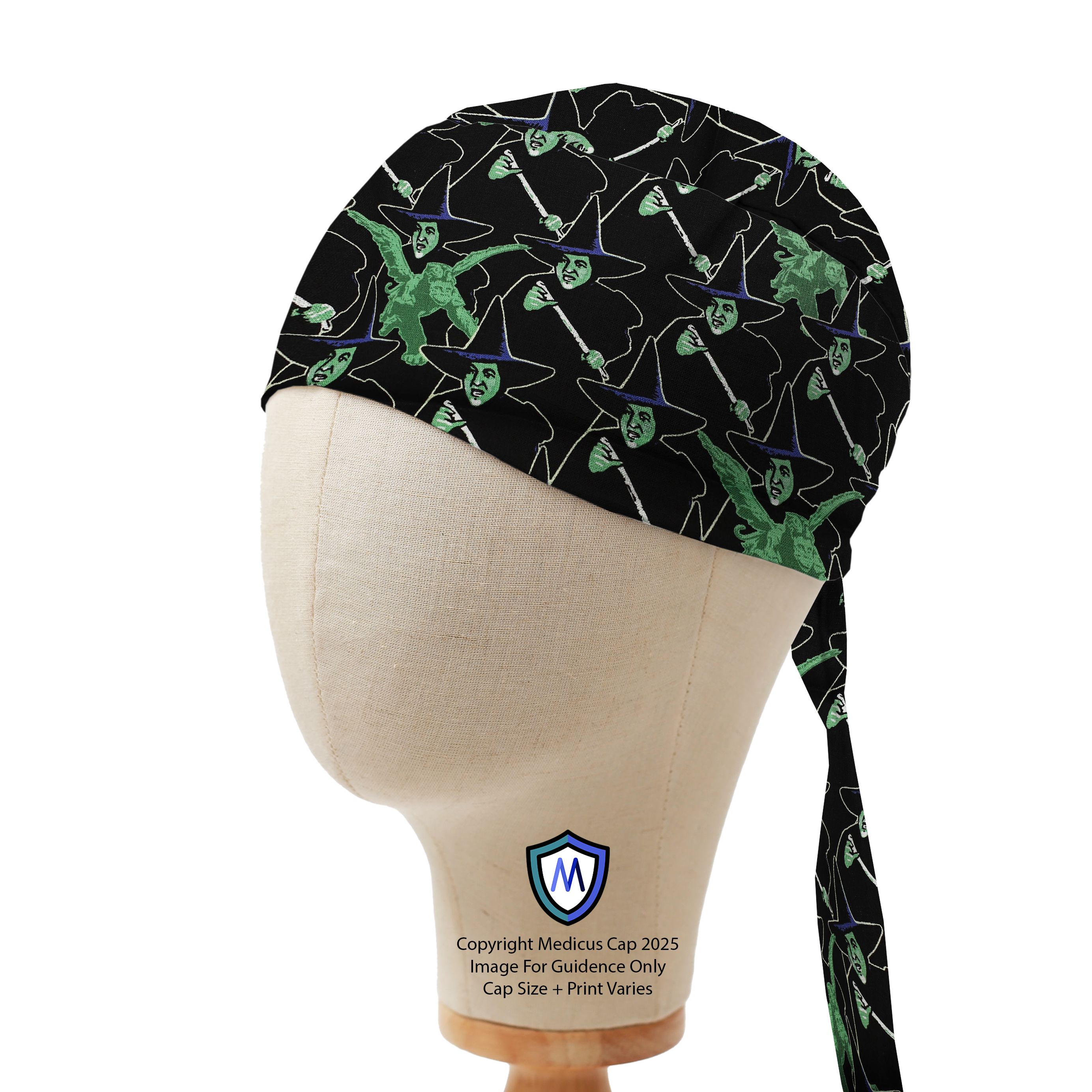 Medicus Scrub Cap featuring a black fabric with a green and black witch pattern, displayed on a mannequin head.